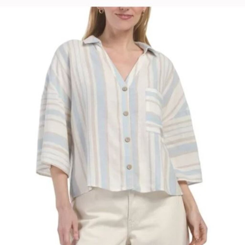 NWT NVLT Blue/Natural Linen Blend Striped Cropped Shirt with Sleeve Tabs Size XS